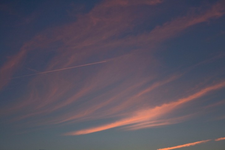 Sunset sky - purple blue and pink with the white trail of a plane